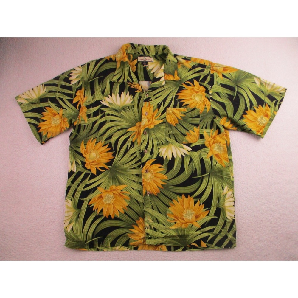 Tommy Bahama Silk Shirt Mens XL Green Leaves Camp Floral AOP Tropical Hawaiian